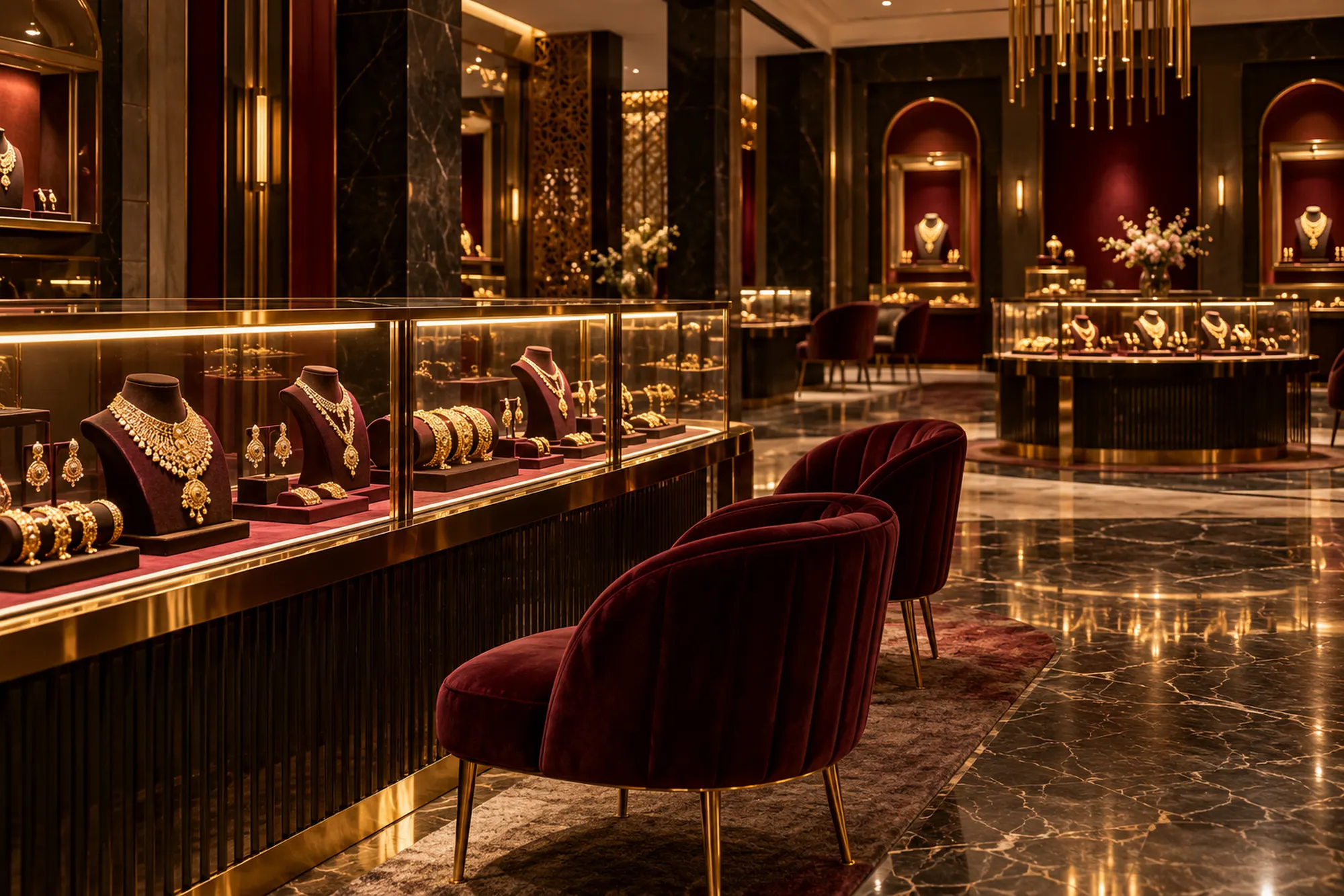 Showroom interior with lit glass counters and velvet chairs