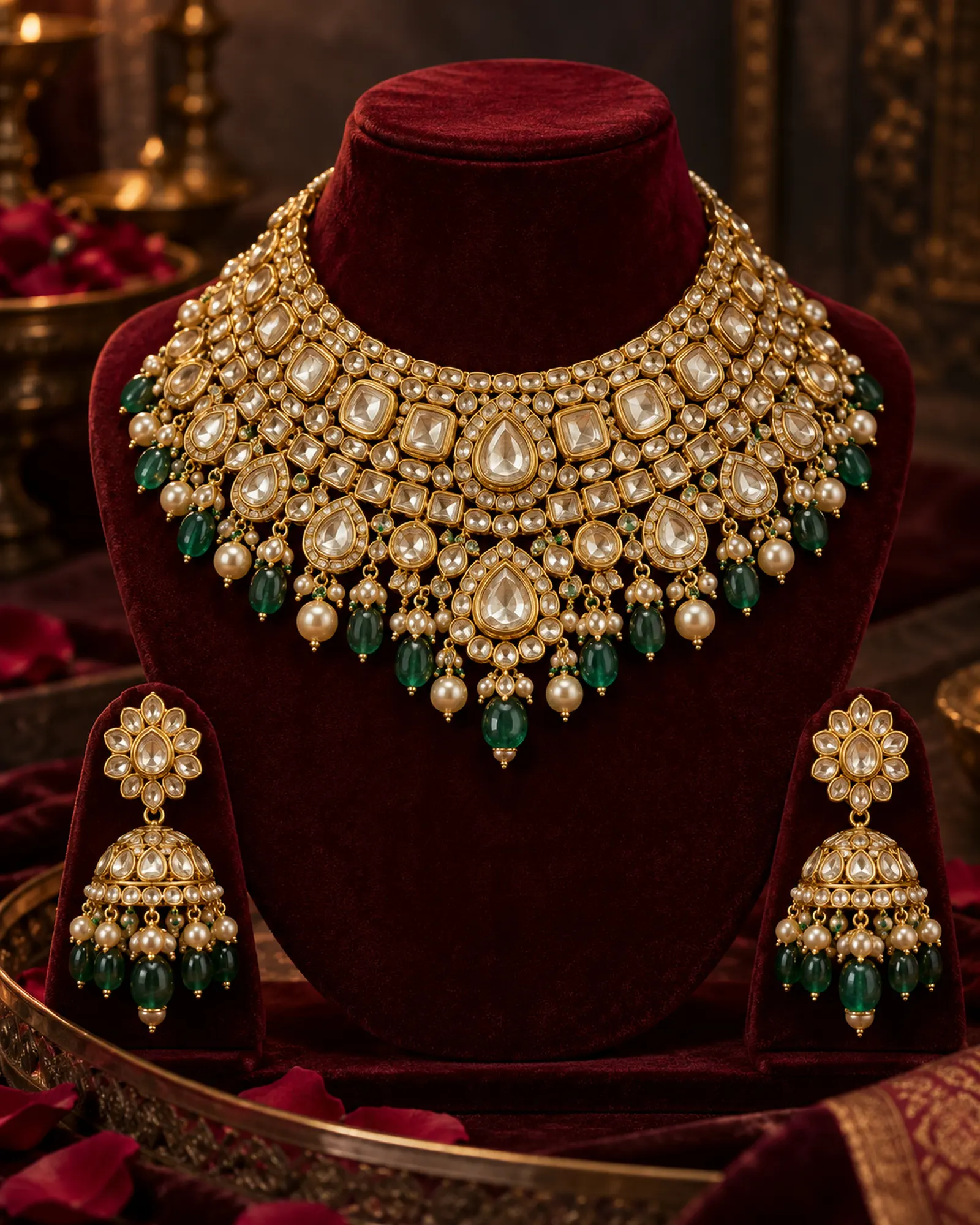 Kundan bridal necklace with emerald drops on a velvet bust