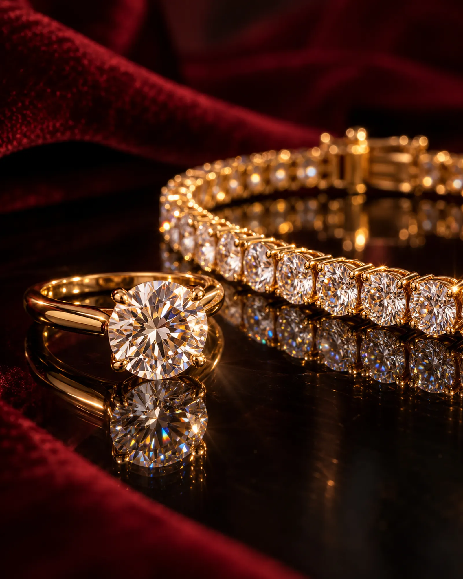 Diamond solitaire ring beside a tennis bracelet