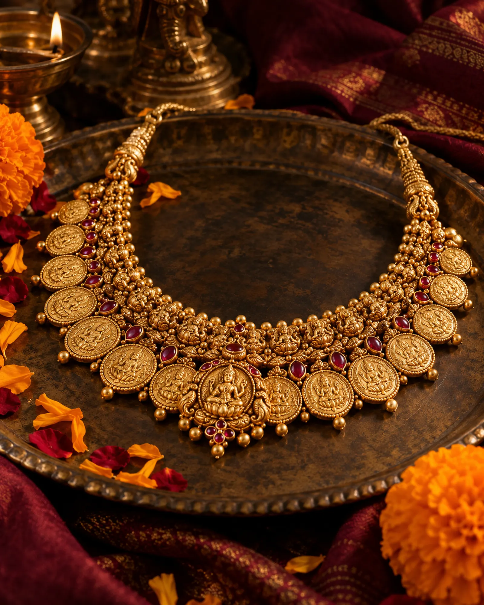 Temple necklace with Lakshmi coins on a brass plate with marigolds