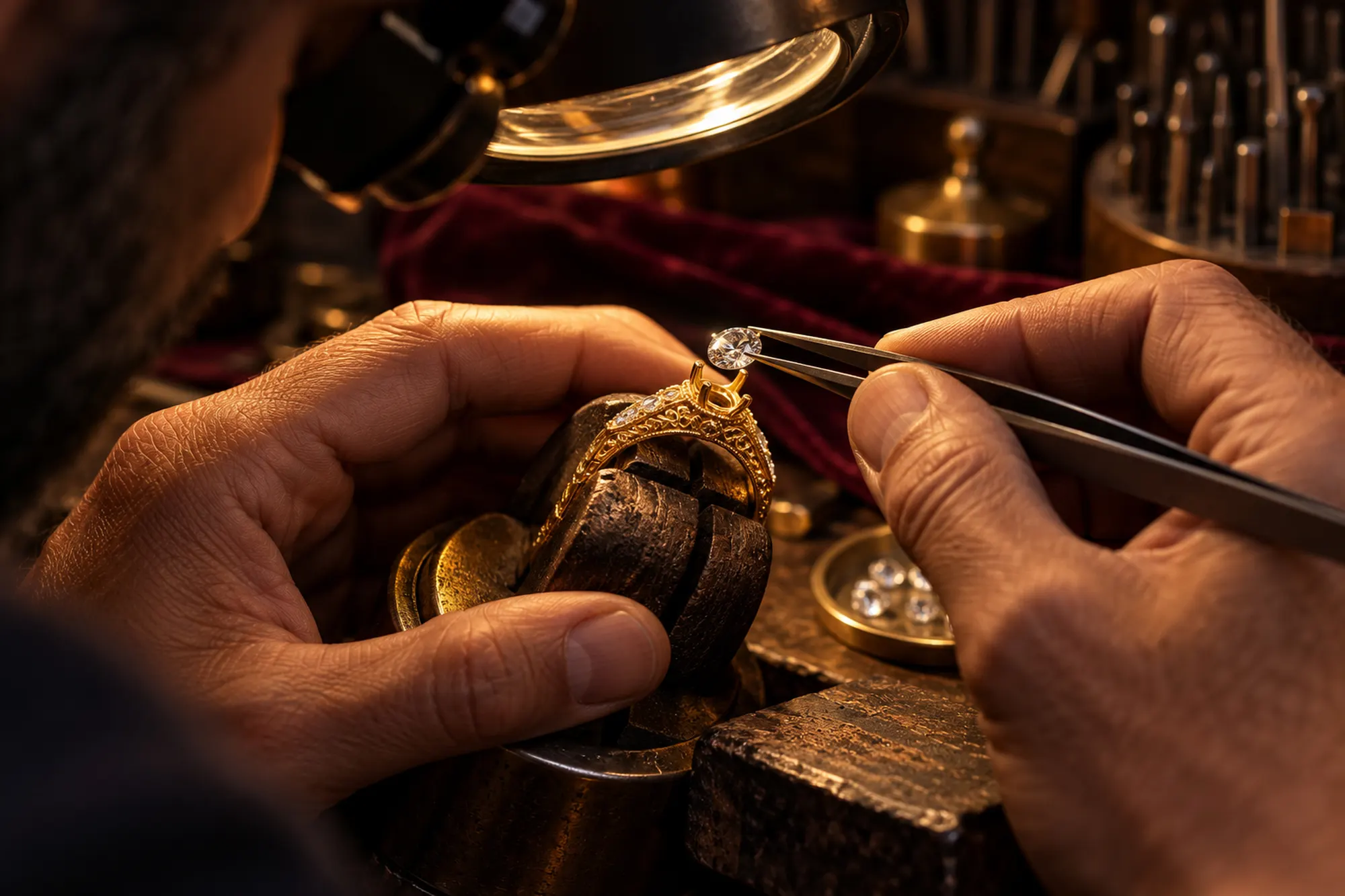 A craftsman's hands setting a diamond with tweezers