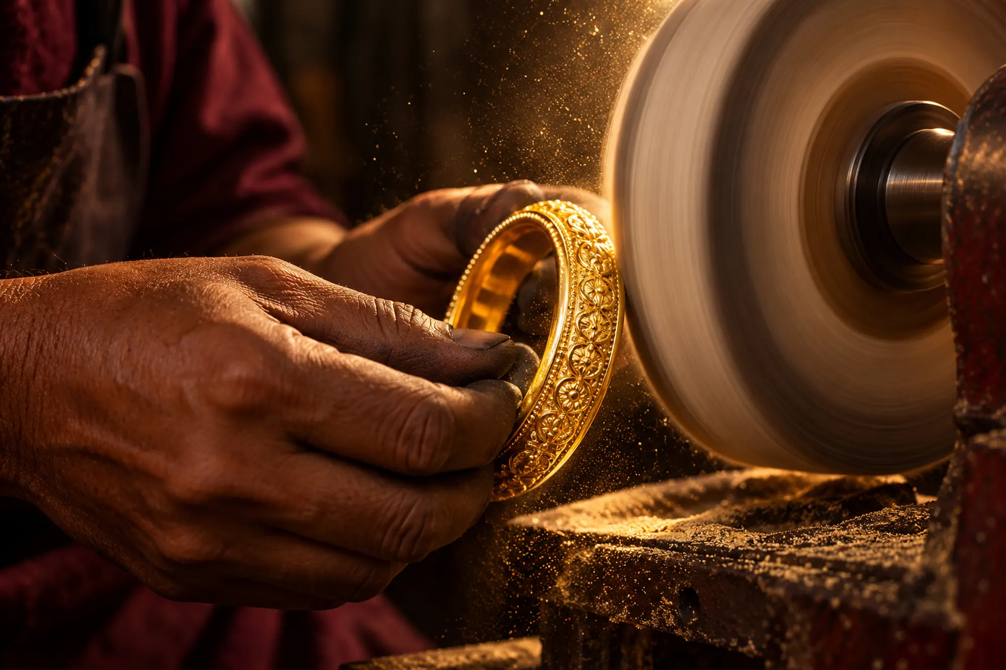 A gold bangle being polished on a buffing wheel