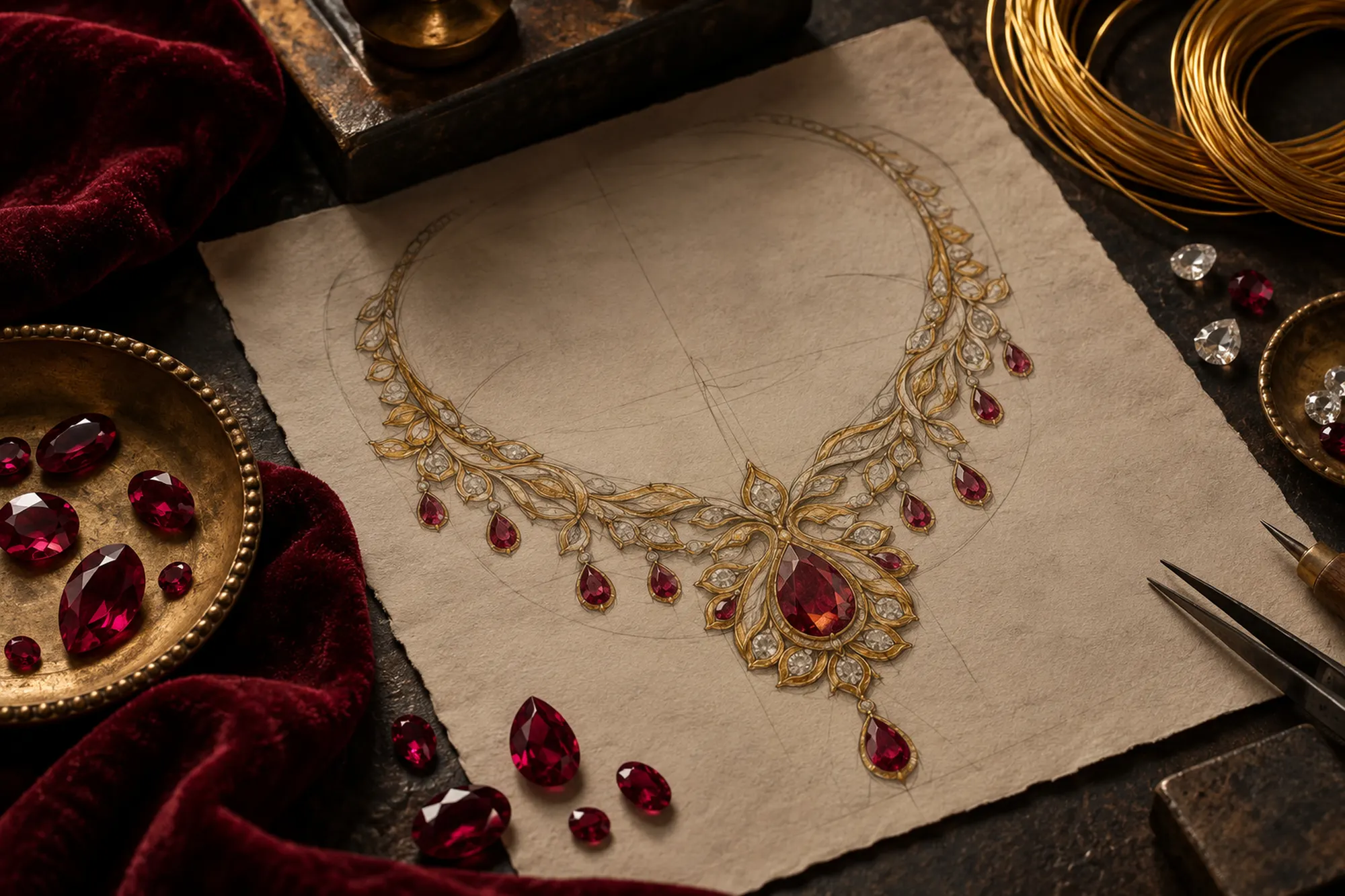 Pencil sketch of a necklace beside loose rubies and gold wire